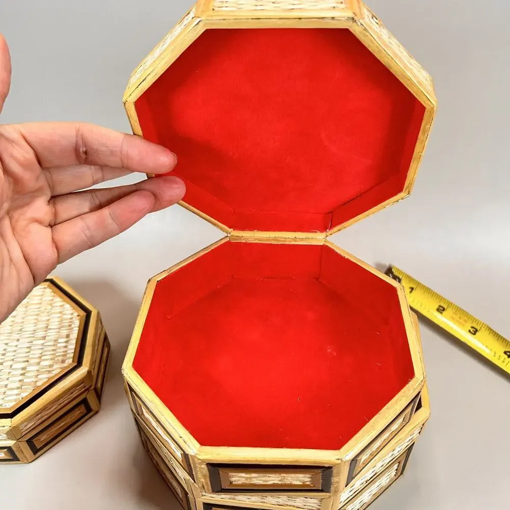 Vintage Bamboo Wicker Hexagon 3 Nesting Jewelry Trinket Boxes- EUC